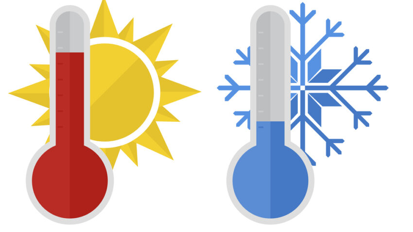 Two thermometers, one is with a sun and the other a snowflake